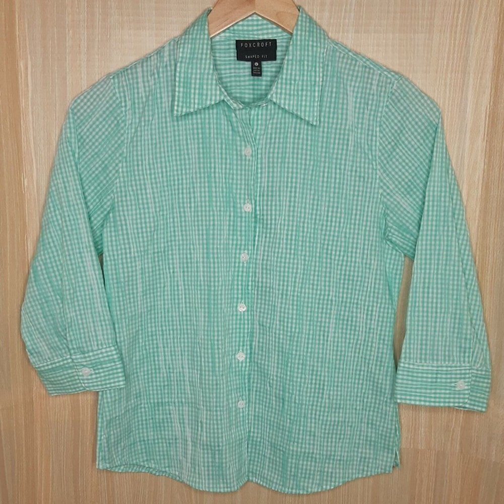 Foxcroft Shaped Fit Petite Womens Checked 3/4 Sleeve Button Down Shirt 8P